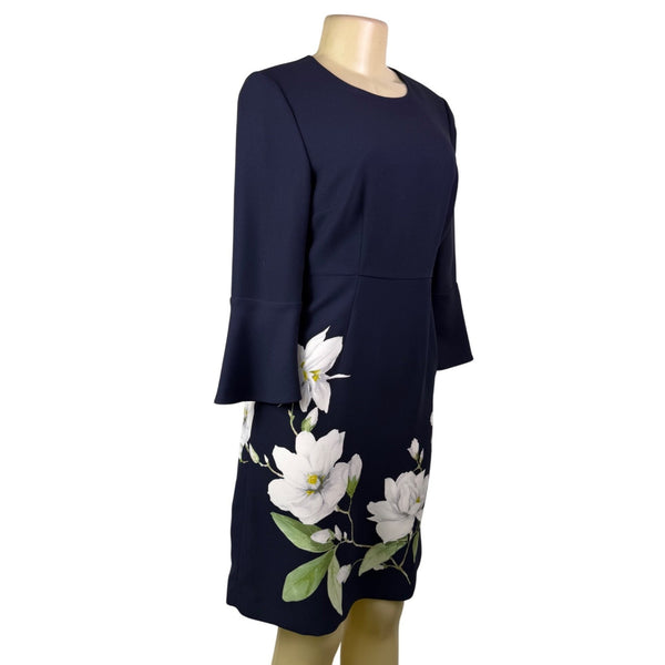 Hobbs Womens Navy Floral Print Bell Sleeve Dress Size US 4