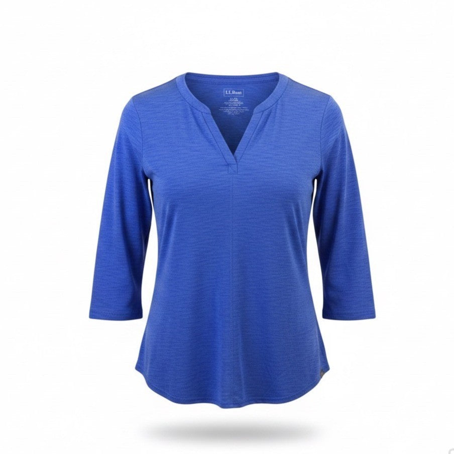 L.L.Bean Womens Blue 3/4 Sleeve Split Neck Top Size L Regular