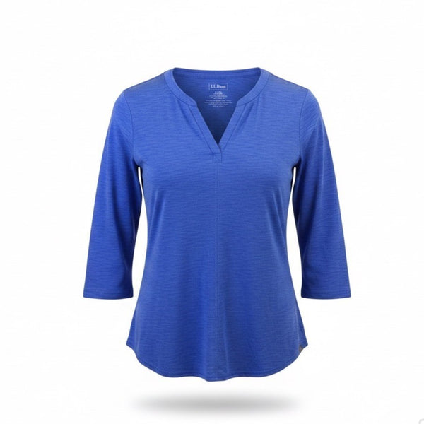 L.L.Bean Womens Blue 3/4 Sleeve Split Neck Top Size L Regular