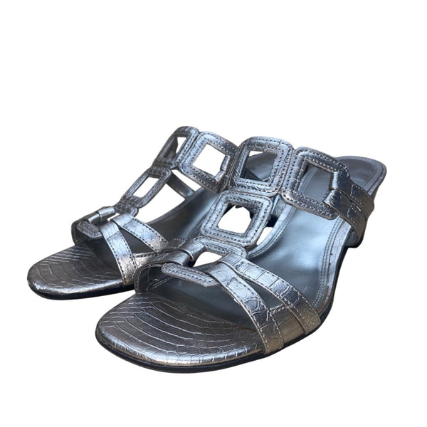 Kelly & Katie Women’s Silver Strappy Croc Open Toe  Block Heel Sandals Size 7.5
