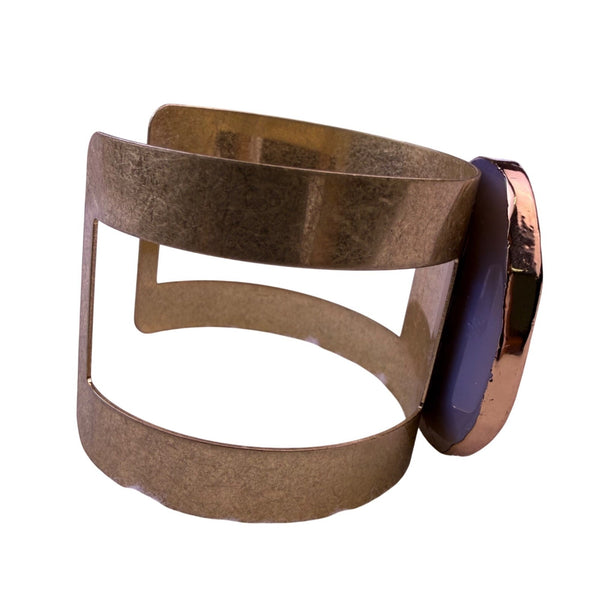 Adjustable Womens Gold Tone Metal Cuff Bracelet With Polished Blue Agate Slice