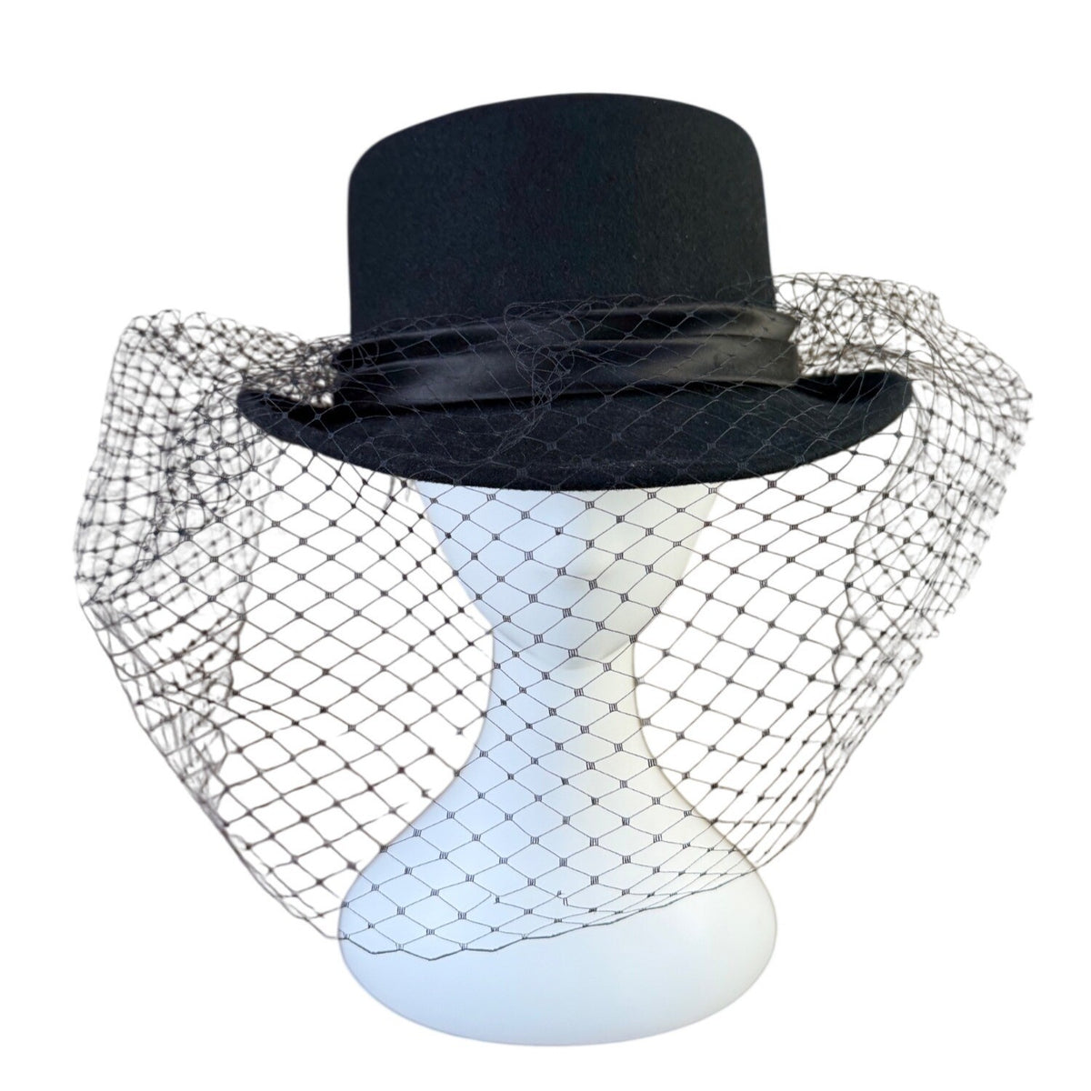 Arlin Georgi Womens Black Wool Feather Veil Hat Elegant Vintage Formal