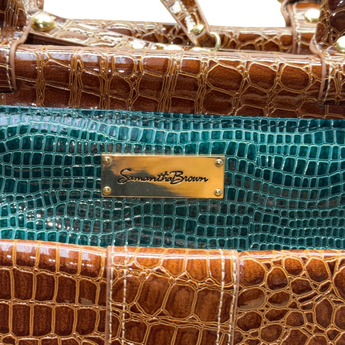 Samantha Brown Women’s Teal & Brown Croc Embossed Lining Dual Handles Travel Bag
