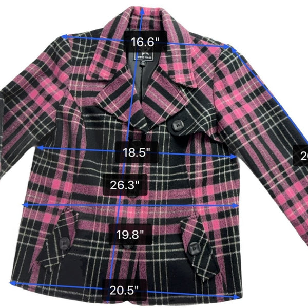 Abbie Mags Womens Black & Pink Plaid Wool Blend Button-Up Coat Retro Chic Size S