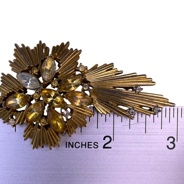 Trifari Vintage Womens Gold Tone & Amber Atomic Style Brooch Pin Jewelry