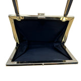 Vintage Black Handbag With Gold Metal Frame & Top Handle Glossy Patent Finish