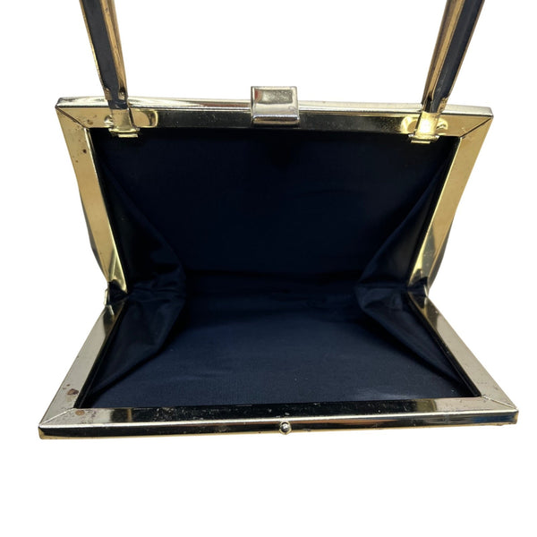 Vintage Black Handbag With Gold Metal Frame & Top Handle Glossy Patent Finish