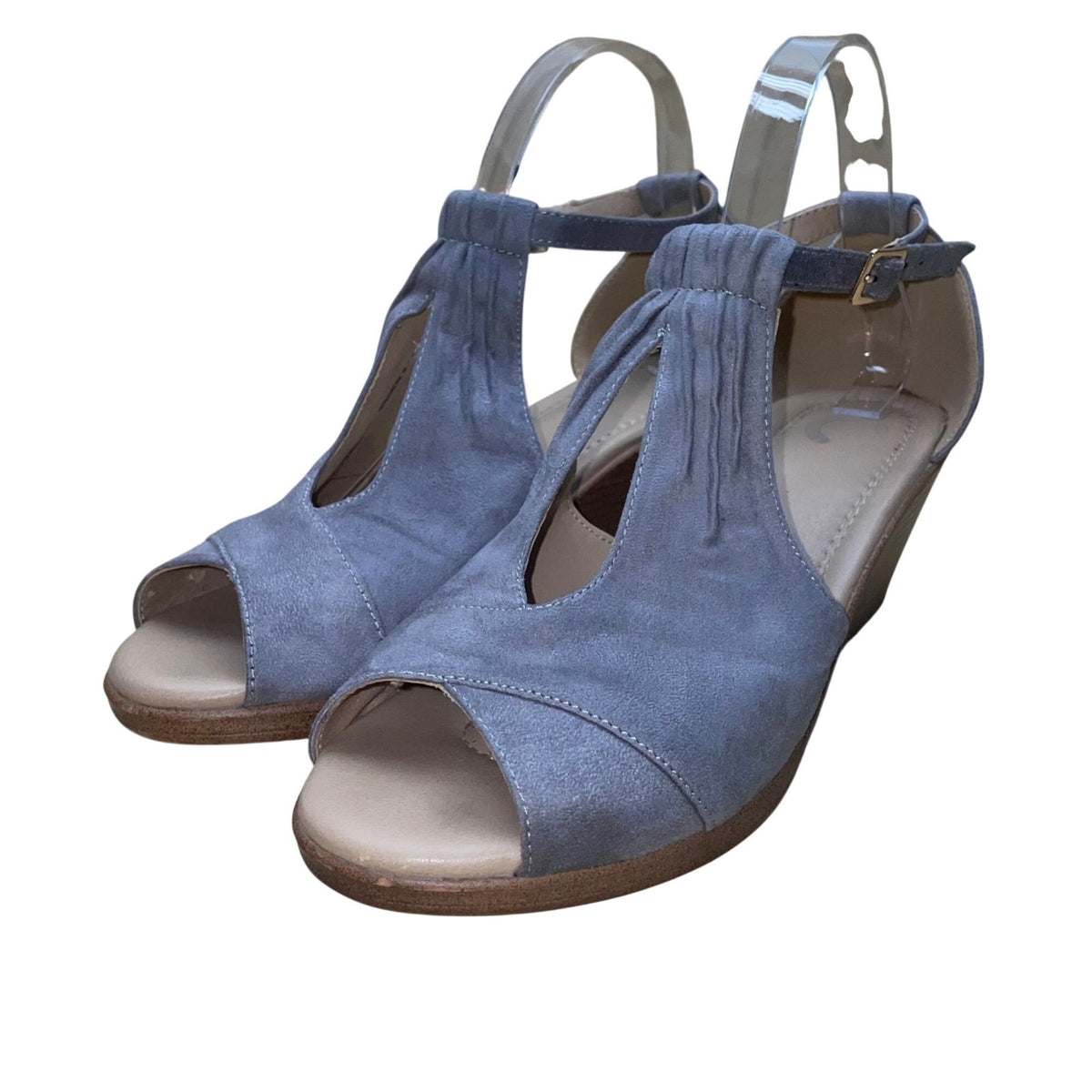 Journee Collection Women’s Gray Suede Open Toe Ankle Strap Wedge Sandals Size 9