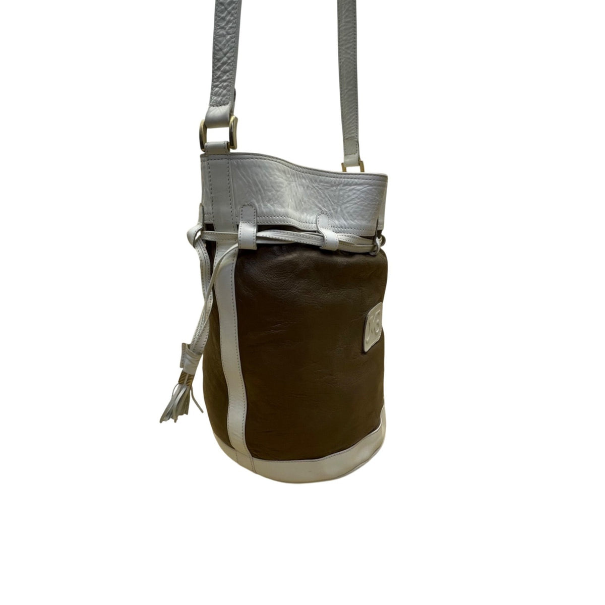 JMG Women’s Brown & White Leather Adjustable Strap Drawstring Closure Bucket Bag