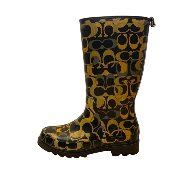 Coach Womens Black & Yellow Rubber Patterned Paisley Rain Boots Size 8M