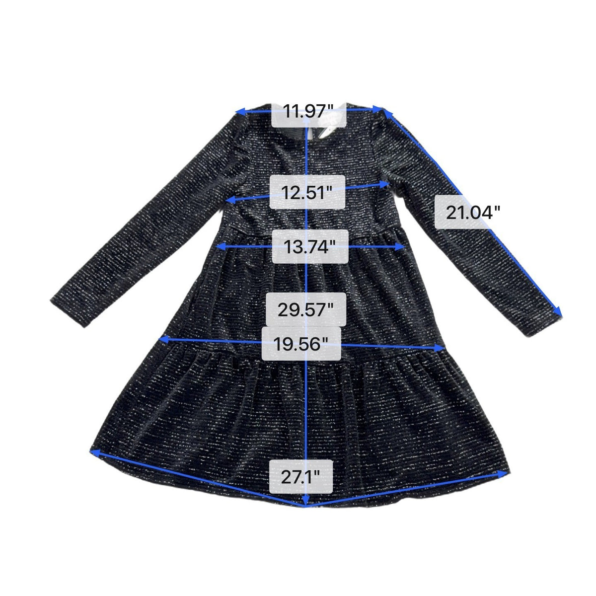 Btween Girls Black Glitter Long-Sleeve Tiered Dress Metallic Size 10