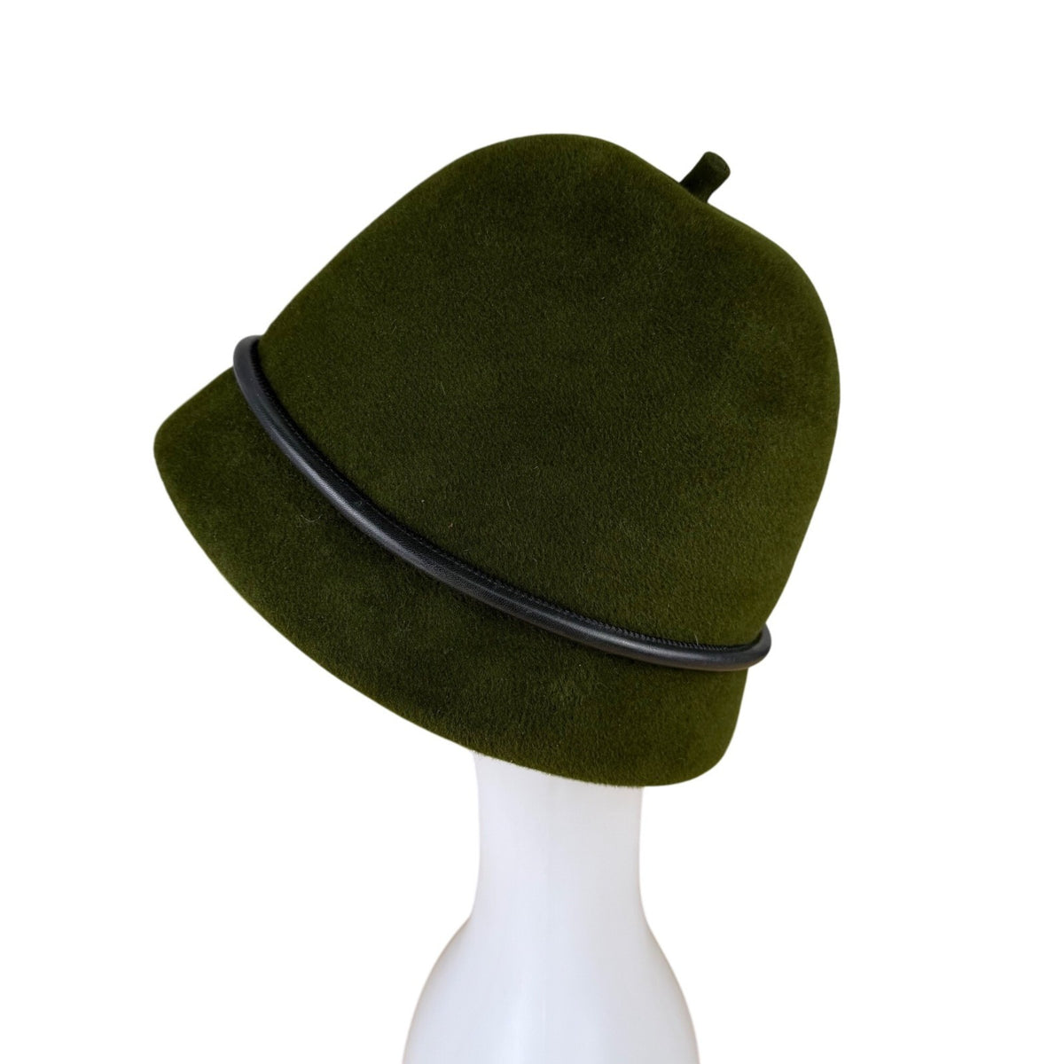 Womens Green Wool Cloche Hat With Black Leather Bow Accent
