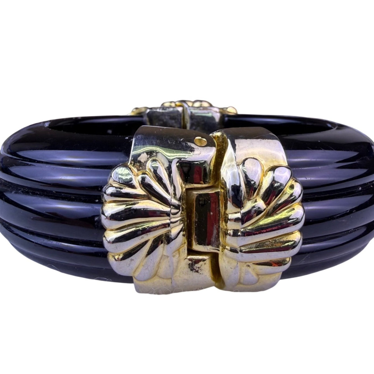 Vintage Inna Cytrine Paris Black Lucite & Gold Tone Hinged Bangle Bracelet