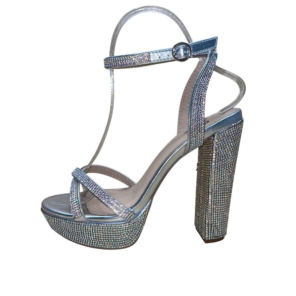Windsor Women’s Silver Rhinestone Platform Chunky Heel Dearly X77 Sandals Size 6