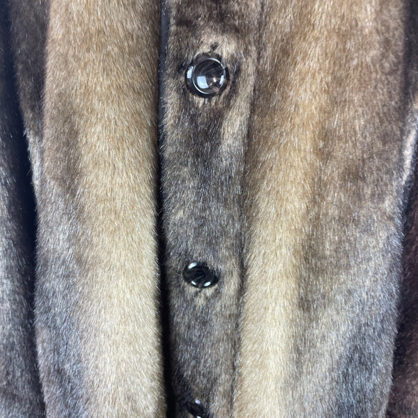 Vintage Brown Faux Fur Coat With Hood & Button Closure