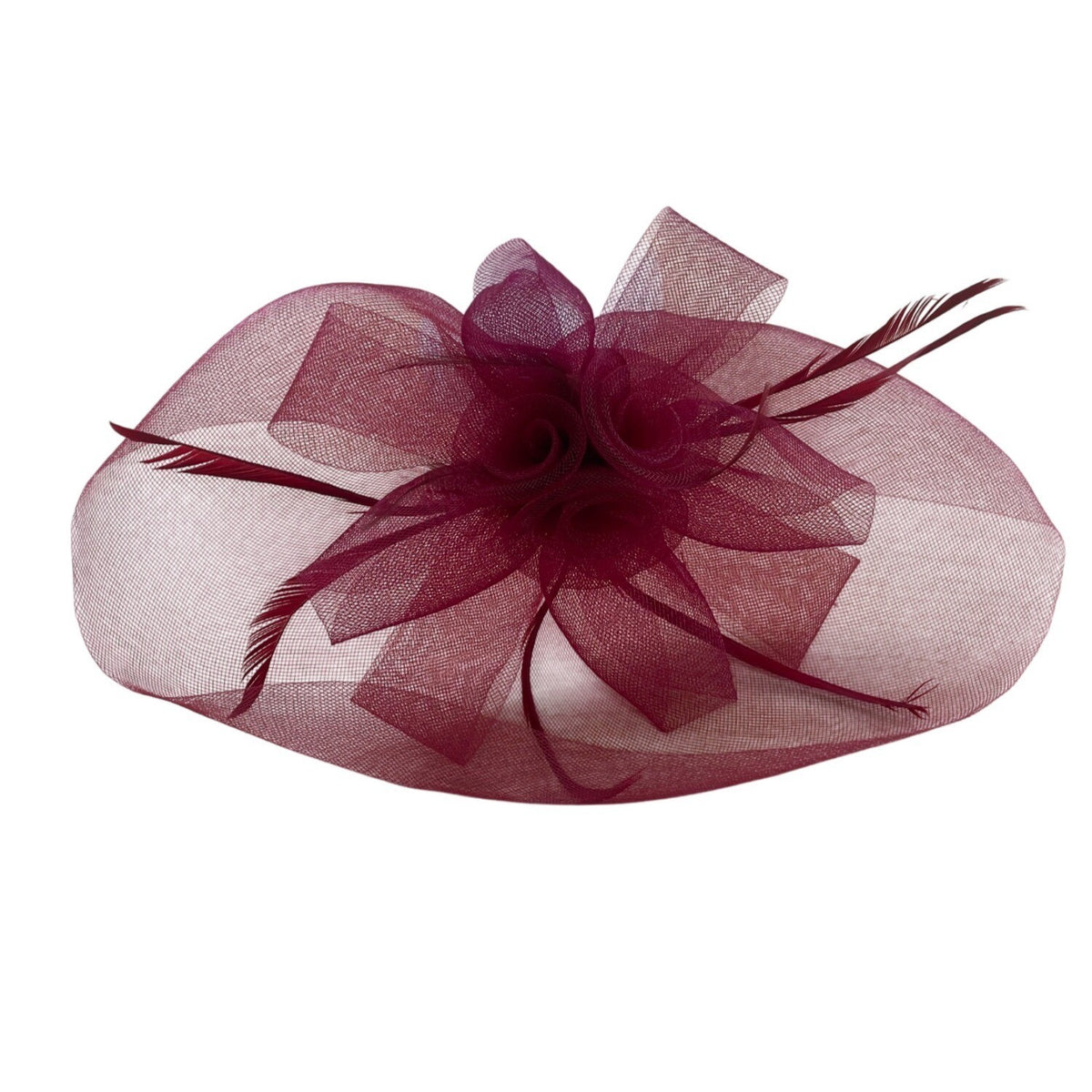 Saks Fifth Avenue Women Red Mesh Fascinator With Feathers Elegant Headwear