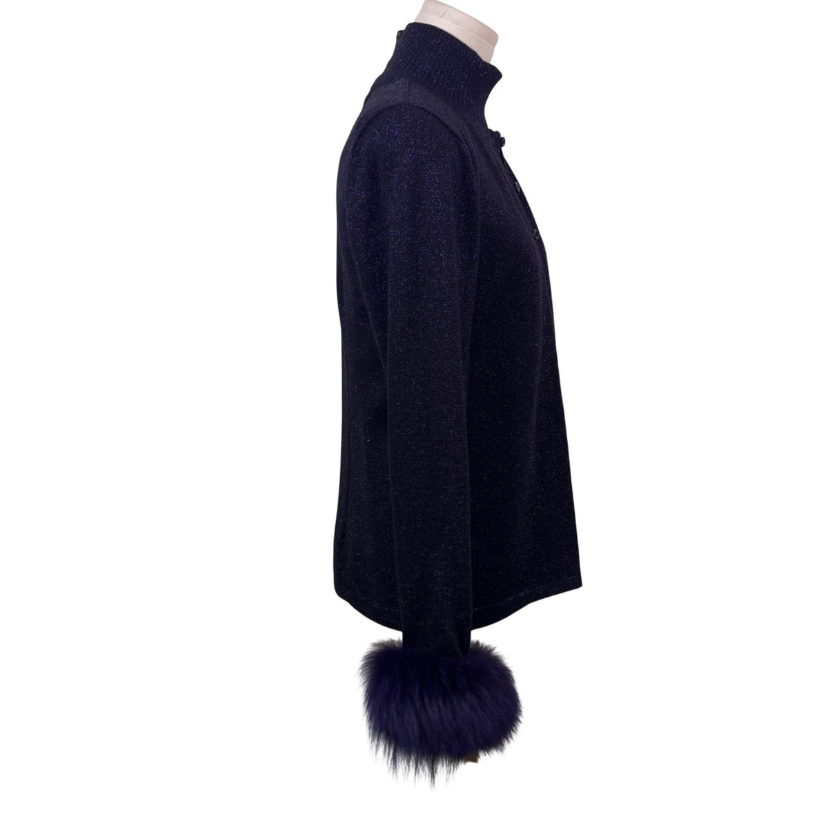 Escada Purple Frostfox Fur Cuff Glitter Set Turtleneck Vest Cardigan Sz 40