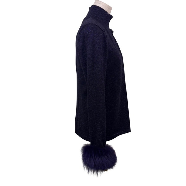 Escada Purple Frostfox Fur Cuff Glitter Set Turtleneck Vest Cardigan Sz 40