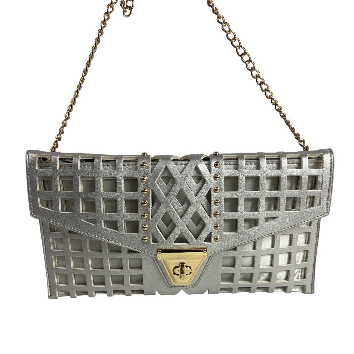 Women's Silver & Gold Chain Strap Studded Shoulder Clutch