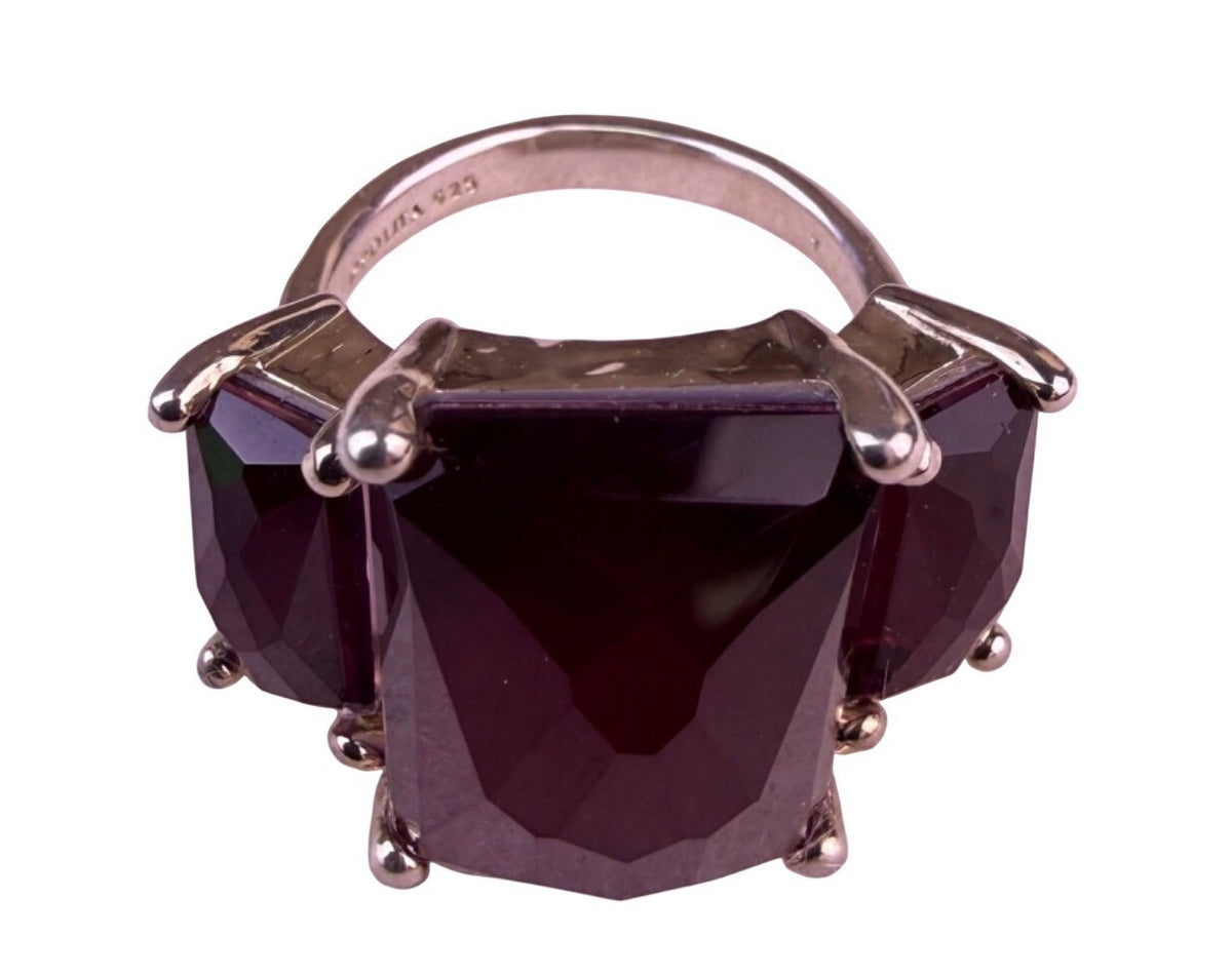 Simulated Womens Three-Stone Ring Emerald-Cut Red Stones Sz 7
