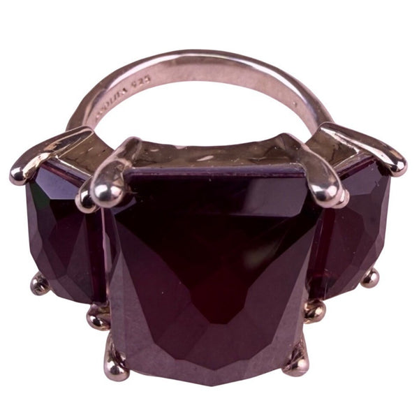 Simulated Womens Three-Stone Ring Emerald-Cut Red Stones Sz 7