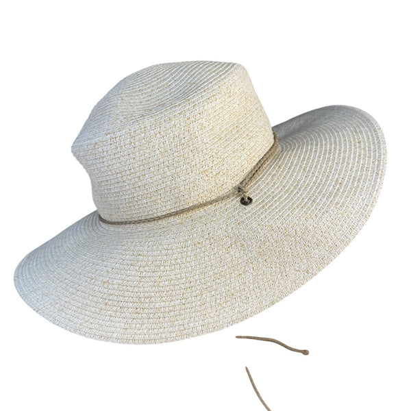 Nine West Womens Beige Straw Wide Brim Sun Hat With Chin Cord Lightweight Summer