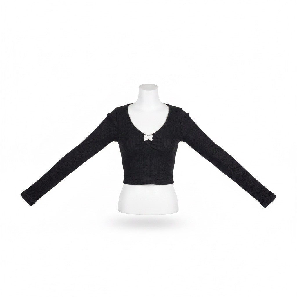 Pacsun Womens Black Polyamide Long-Sleeve Cropped Top With Bow Detail Size S