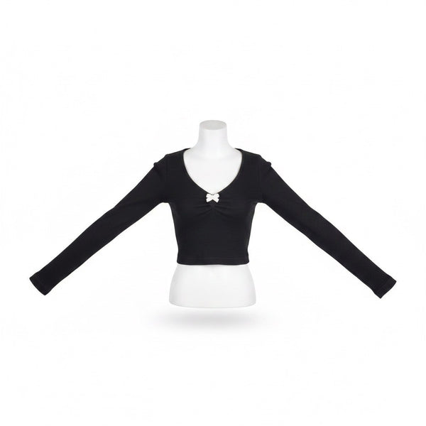 Pacsun Womens Black Polyamide Long-Sleeve Cropped Top With Bow Detail Size S