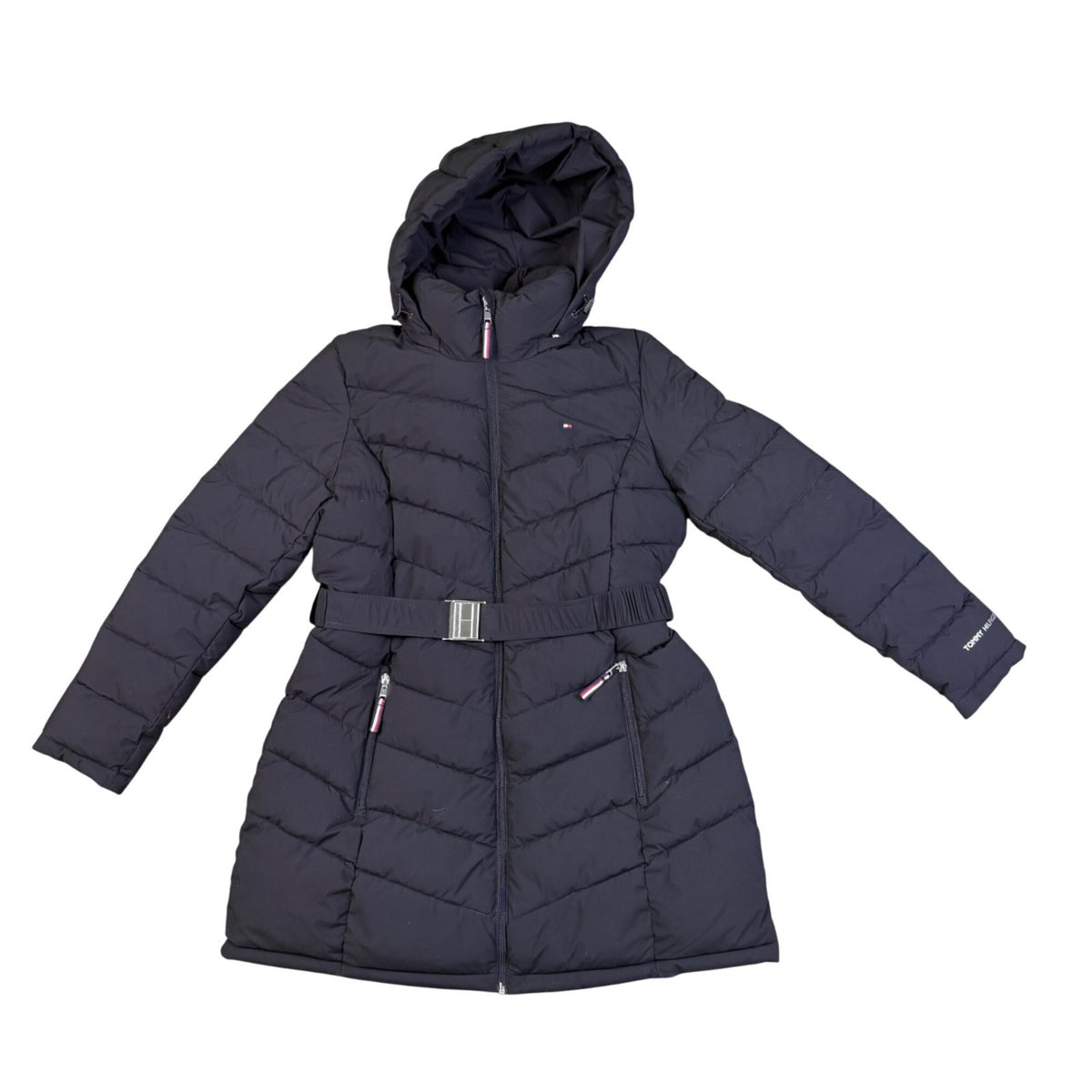 Tommy Hilfiger Womens Black Hooded Puffer Coat Water Resistant Belted Size XL