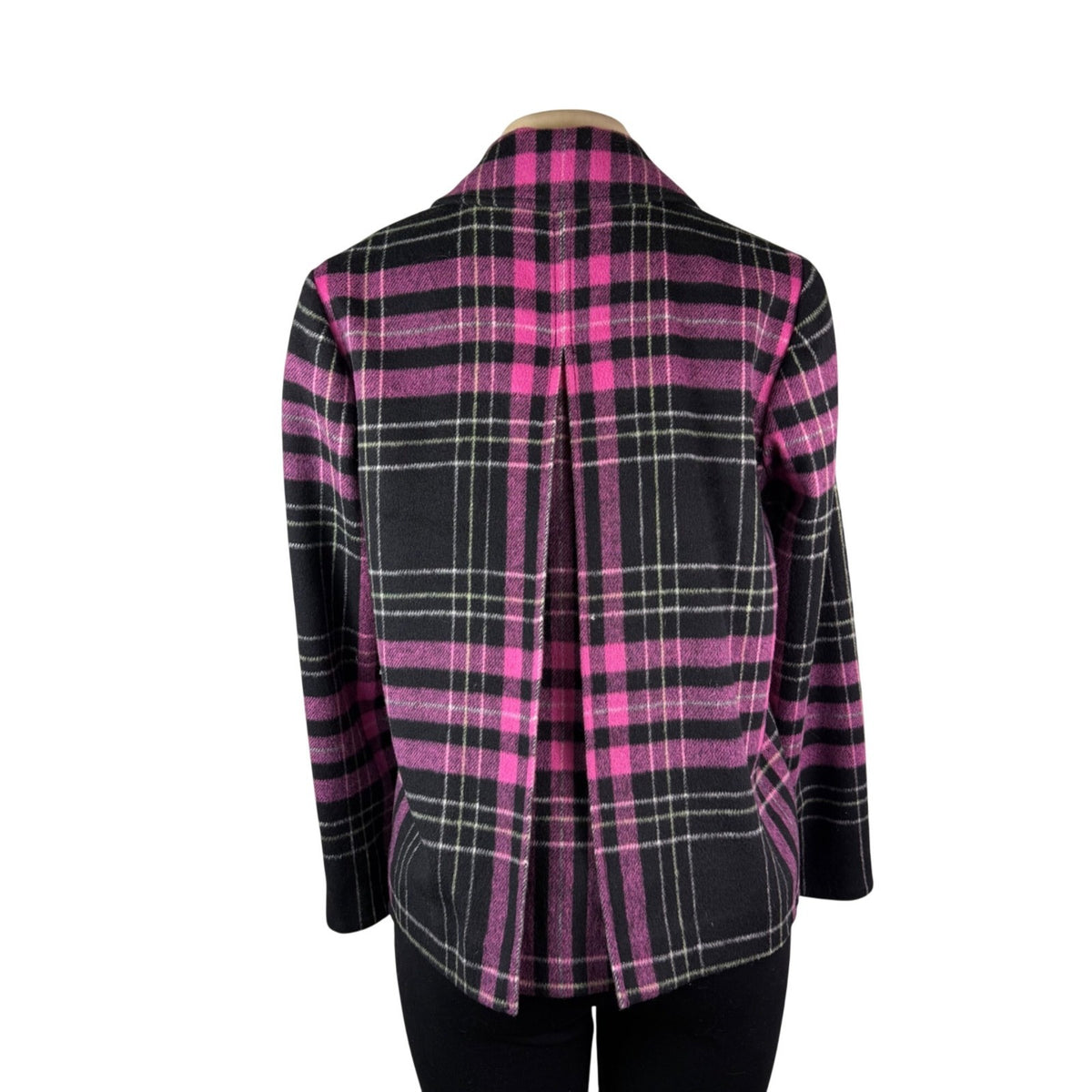 Abbie Mags Womens Black & Pink Plaid Wool Blend Button-Up Coat Retro Chic Size S