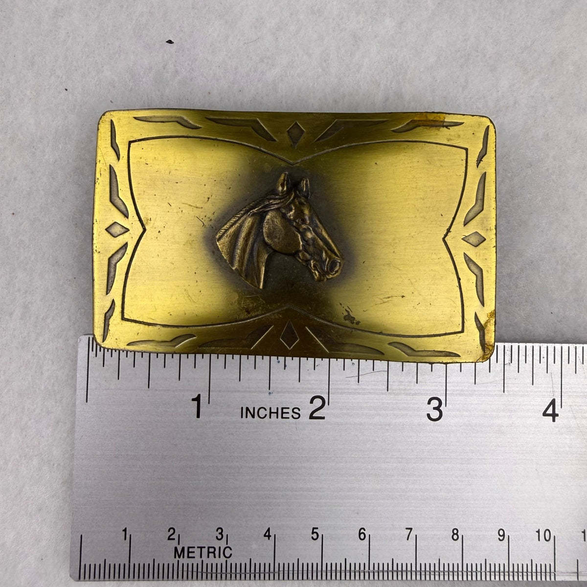 Vintage Brass Mens Western Belt Buckle Horse Head Design Rectangular 3.5"x2.5"