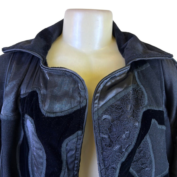 La Coleccion Judith Roberts Black Velvet & Lace Sequined Embroidered Long Coat