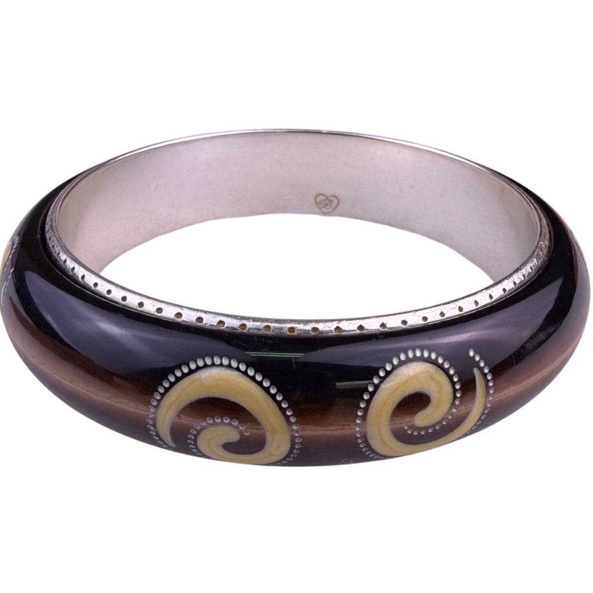 Brighton Womens Black & Cream Metal Fashion Bangle Bracelet Swirl Inlay Design