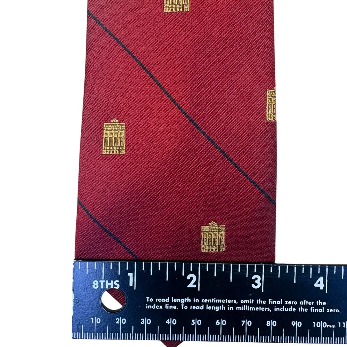 Wm Chelsea Ltd Mens Red Pure Silk Tie Gold Building Print Diagonal Stripe Design