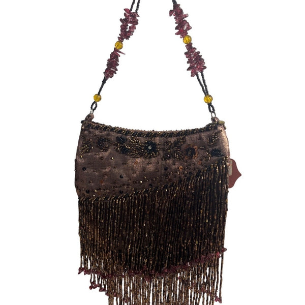 Vtg 80s In’s Classical Style Women's Brown Floral Beads Shoulder Bag Sz S