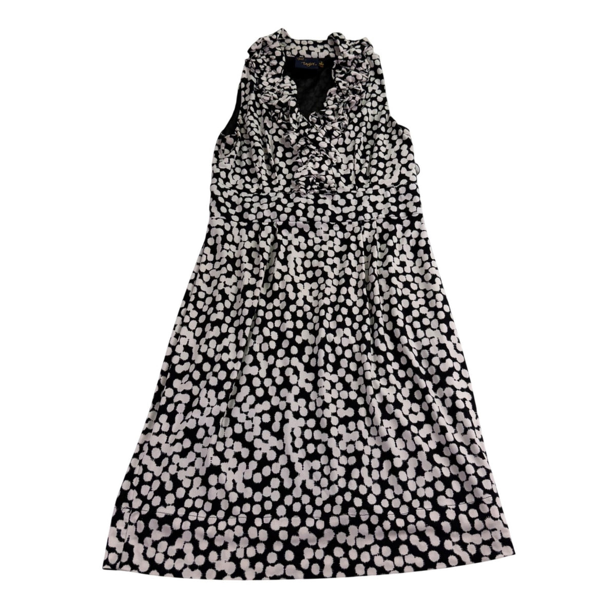 Just Taylor Womens Black & White Sleeveless Polka Dot Ruffle Neck Dress Sz 6