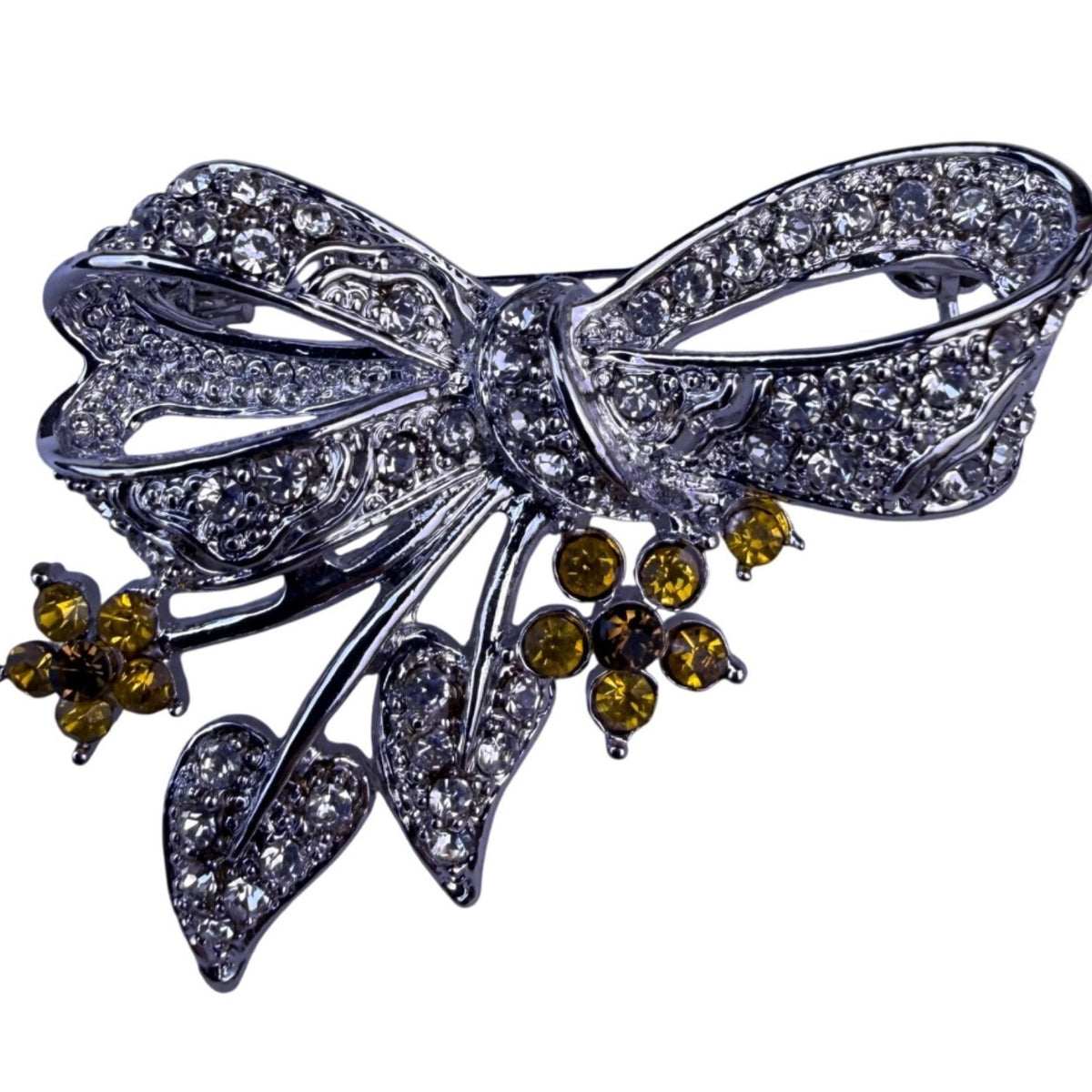 Silver Tone Womens Bow Brooch With Yellow Rhinestones Floral Design Gift Boxed