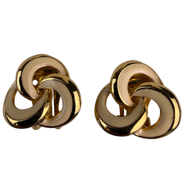 Gold Tone & Cream Enamel Clip-On Earrings Knot Design Vintage Jewelry
