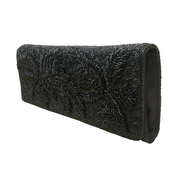 Vintage 50"s Bonnies Women’s Black Beaded Floral Handmade Clutch Evening Bag