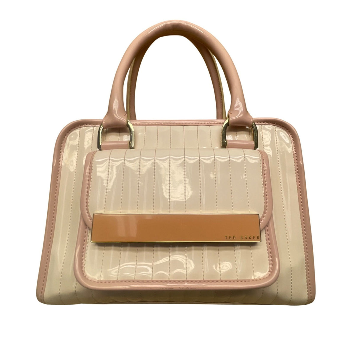 Ted Baker Women’s Pink & Cream Patent Stripe Detail Dual Top Handles Satchel