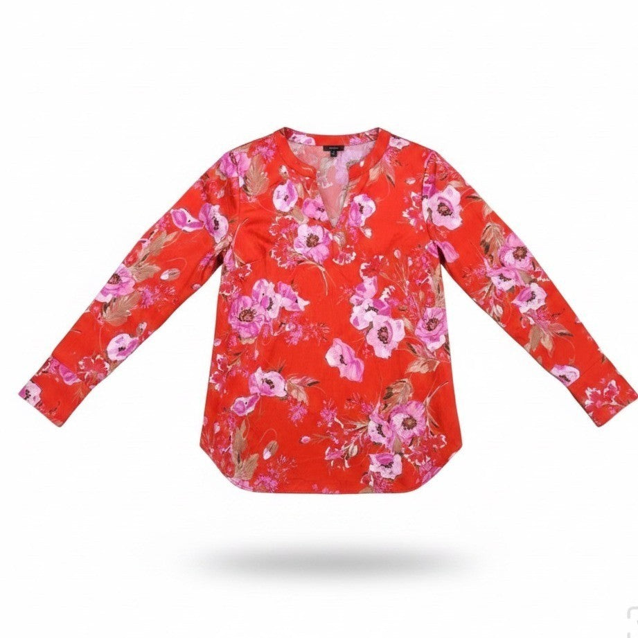Talbots Women’s Red Floral Polyester Blend Long Sleeve V-Neck Blouse Sz M