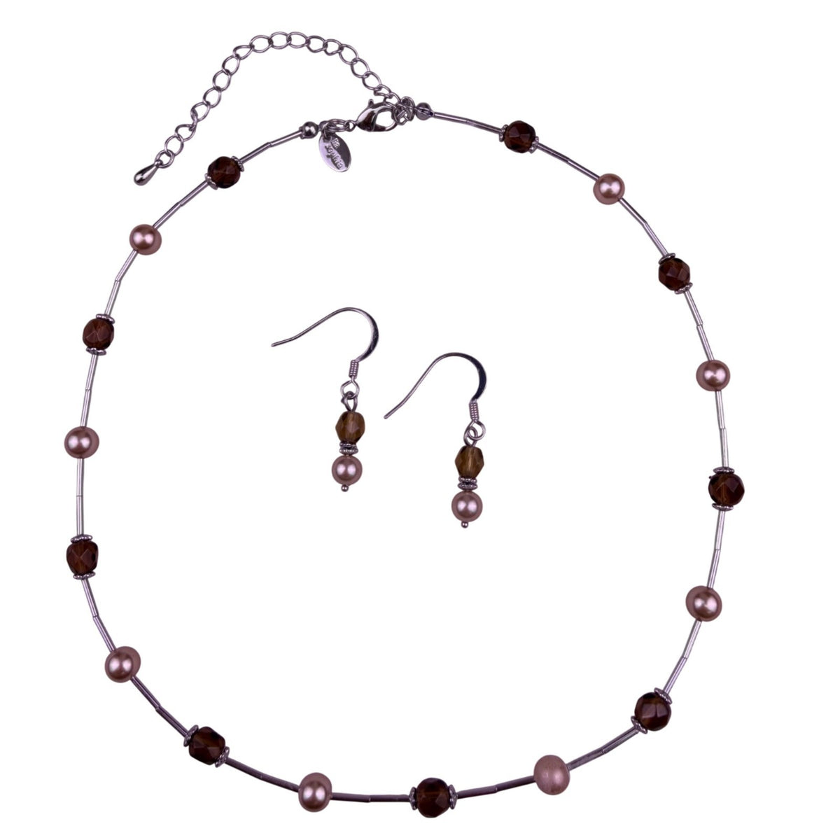 Lia Sophia Womens Brown & Pink Beaded Necklace & Earrings Set Glass & Metal Jewe