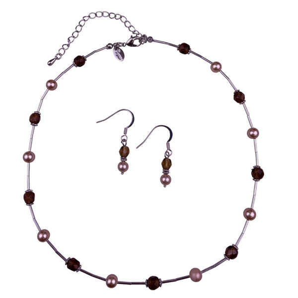 Lia Sophia Womens Brown & Pink Beaded Necklace & Earrings Set Glass & Metal Jewe