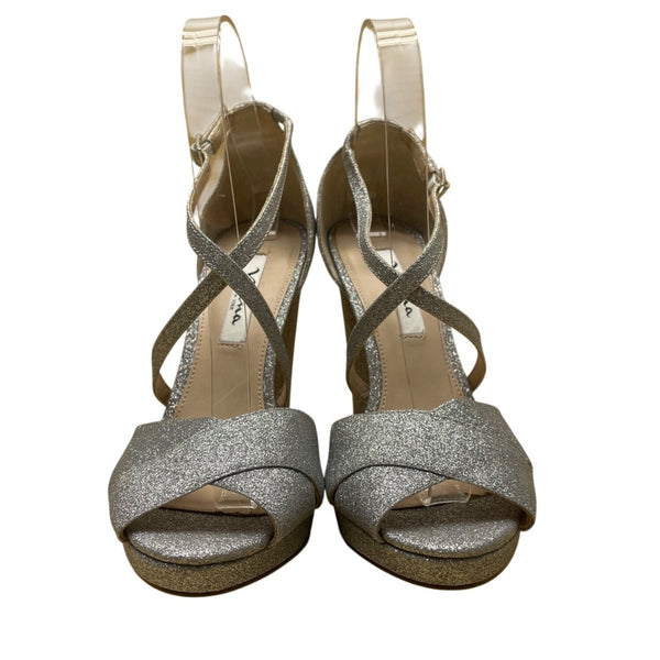 Nina Women’s Silver Glittered Chunky Heel Crisscross Strap Dress Sandals Size 8M