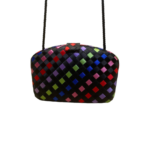 Women’s Black Multicolor Woven Satin Clasp Closure  Crossbody Purse Bag