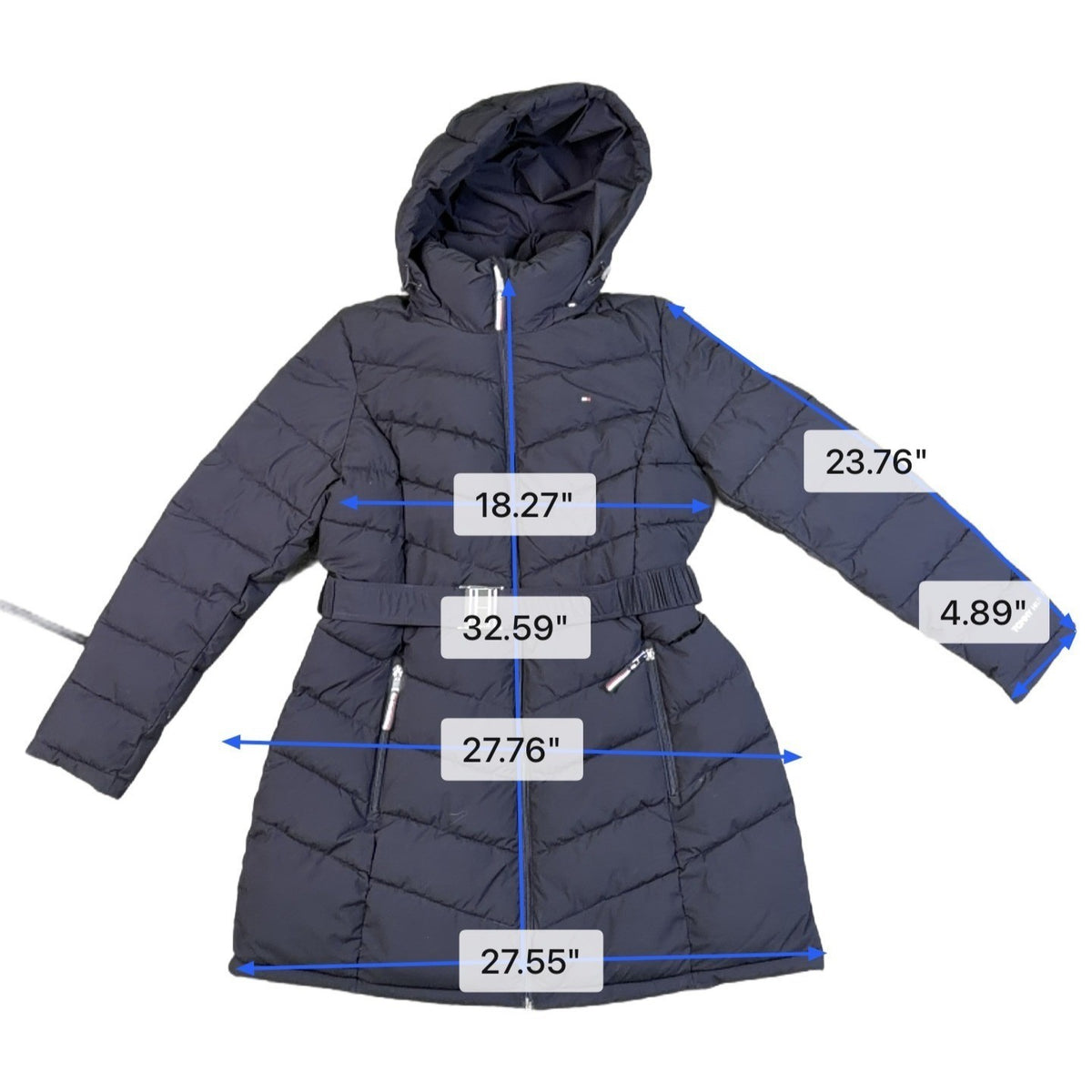 Tommy Hilfiger Womens Black Hooded Puffer Coat Water Resistant Belted Size XL