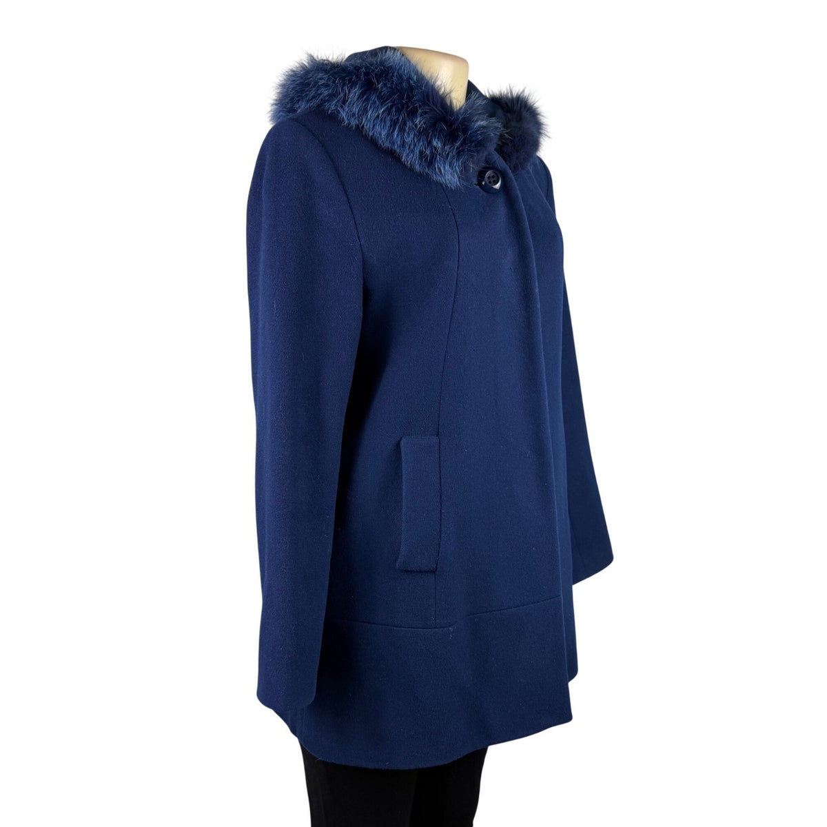 Pendleton Womens Navy Wool & Cashmere Coat With Fox Fur Trim Hood Size 8