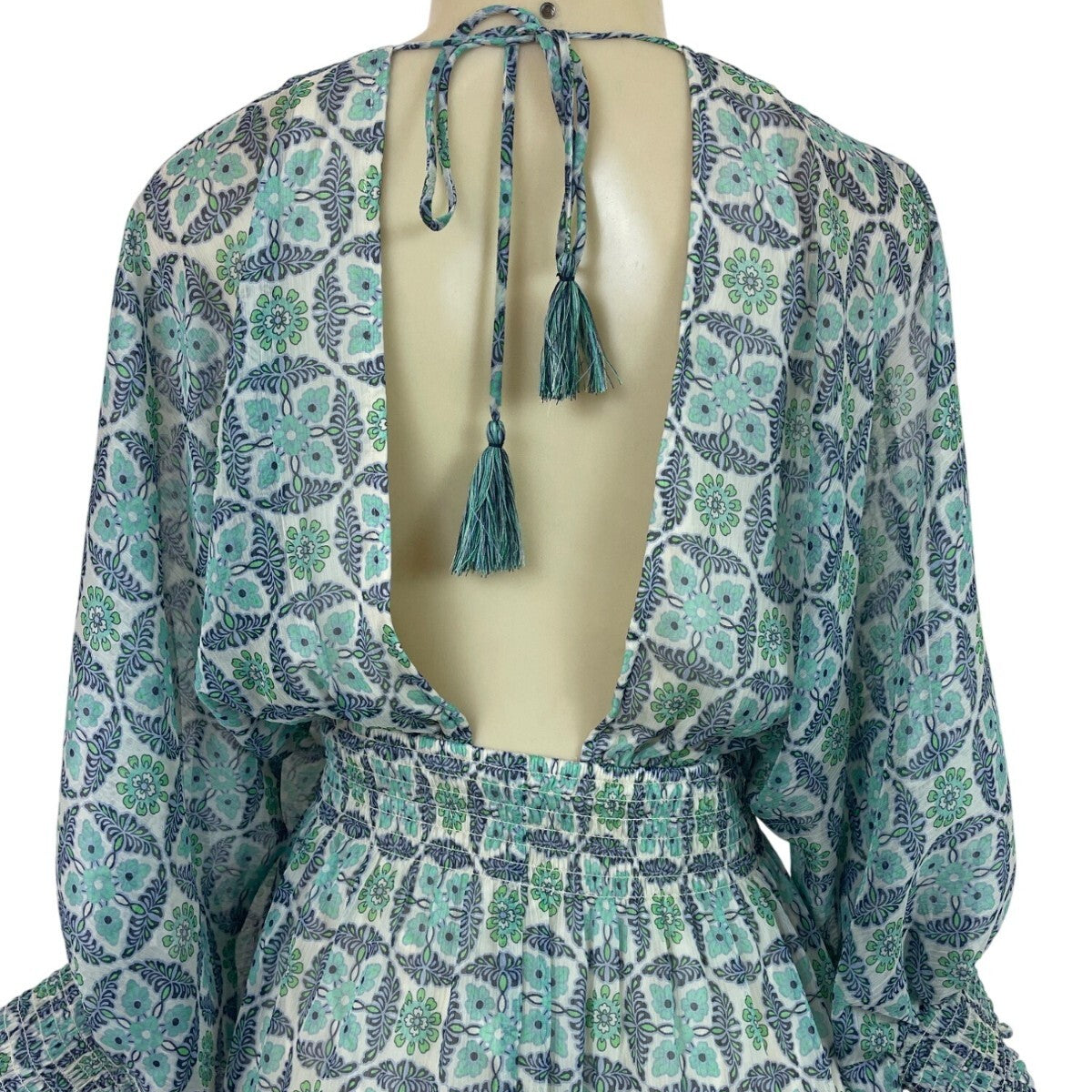 Lovestitch Women’s Blue & Green Floral Print V-Neck Long Sleeve Mini Dress Sz S