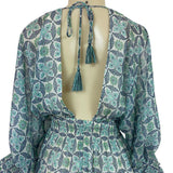 Lovestitch Women’s Blue & Green Floral Print V-Neck Long Sleeve Mini Dress Sz S
