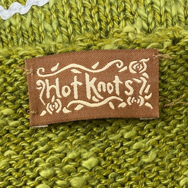 Hot Knots Womens Green Knit Cardigan With Floral Accent & Scalloped Trim
